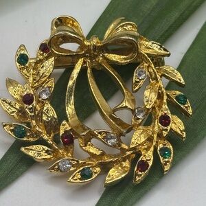 Vintage Eisenberg Ice Christmas Wreath Brooch Pin Rhinestone Signed